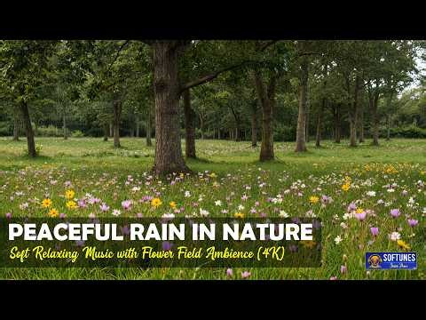 Peaceful Rain in Nature 🌸 | Soft Relaxing Music with Flower Field Ambience (4K)