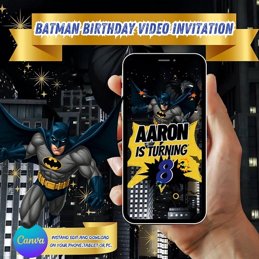 Batman Birthday Video Invitation Editable Template on Canva With Music - Etsy