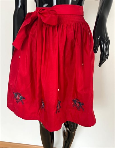 Vintage Red Dirndl Apron with Denim Hearts and Decorative Buttons • One Size • 100% Polyester • Traditional Bavarian Trachten Apron