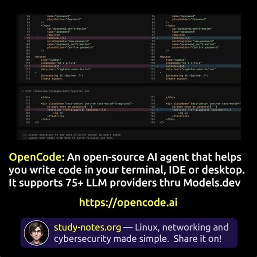 ✅ OpenCode: An Open-Source AI Agent for Your Terminal OpenCode is an open-source AI coding agent that runs in your terminal, IDE, or desktop, letting you write, refactor, and manage code using 75 different LLM providers through a single unified interface 😎👆 Find high-res pdf ebooks with all my technology related infographics at https://study-notes.org #copilot #ai #aitools #coding #programming