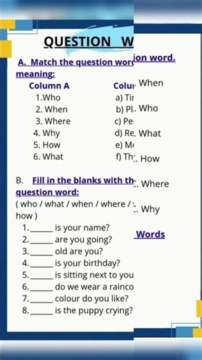 Worksheet on Question Words or Wh Words #worksheet #class3 #class4 #learnenglish #english #grammar