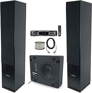 Rockville Bundle: (2) RockTower 68B Home Audio Tower Speakers Bundle 1000W 2-Ch Amplifier Mixer, Home Theater Powered Subwoofer, Speaker Wire & Dual RCA Cable (6 Items)