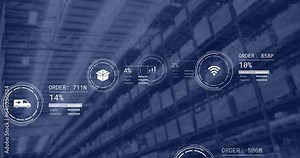Animation of icons with data processing over warehouse