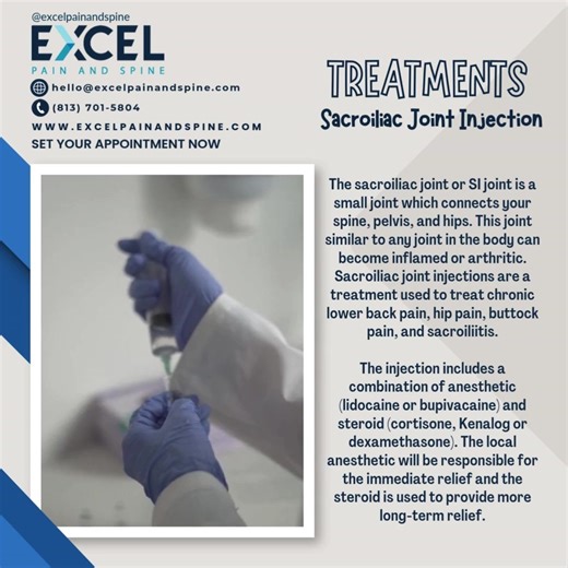 A sacroiliac joint injection is a procedure using x-ray guidance to place an anti-inflammatory medication directly into the sacroiliac joint. For more information, visit us at: https://hubs.ly/Q03VbvLl0 EXCEL Pain and Spine Phone: (813) 701-5804 Fax: (813) 291-7615 BRANDON: 414 W Robertson Street Brandon, FL 33511 CLEARWATER: 28050 US Highway 19 N Ste 100 Clearwater, FL 33761 DAVENPORT: 2310 North Blvd W Suite A Davenport, FL 33837 ELLENTON: 7032 US-301 North Ellenton, FL 34222 LAKELAND: 1417 La