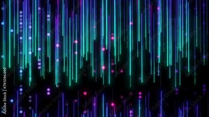 Neon Line Loop Animation And Blinking Circle Randomly Moving On Black Background. Neon Colorful Stripes Line Rising On Black Bg. Glowing Neon Line Moving Loop Animation