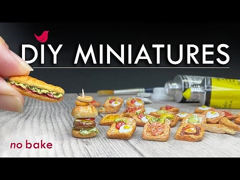 DIY miniature CLAY FOOD - Air Dry Clay Projects Mini Toast Ideas 🍔🍞🥑🍳 How to