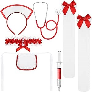 Realspring 6 Pcs Nurse Costume Set Halloween Nurse Costume Accessories for Women Halloween Cosplay Party Outfit