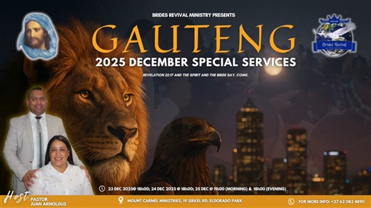 December Special Services 2025 🦅 Join us for three powerful days of special services 📅 23 December 2025 @ 18h00 📅 24 December 2025 @ 18h00 📅 25 December 2025 @ 11h00 & 18h00 📍 Mount Carmel, 19 Sirkel Rd, Eldorado Park #bridesrevivalministry #bridesrevival #TheBrideAwakens #praiseandworship God Bless You! | Brides Revival Ministry
