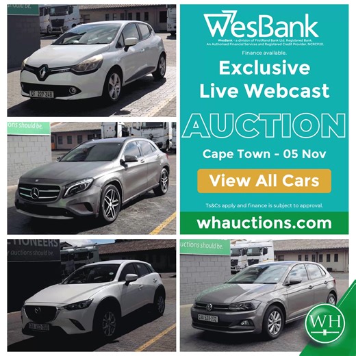 WesBank Exclusive | LIVE On-Site & Online Auction 50 Vehicles Listed - More Added Daily! Runners & non-runners available. Browse the list 👉 https://bit.ly/3LtaoR6 Wed, 5 Nov | ⏰ 10:30 AM 17 Dacres Ave, Epping 2, Cape Town Deposit: R10,000 | Buyer’s Premium: 5% | VAT: 15% Pre-approved finance available Register & bid here 👉 https://bit.ly/3LtaoR6 | WH Auctions