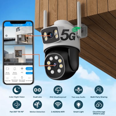 1 Stück 5G WLAN Dual-Linsen Outdoor Sicherheitskamera, 2MP+2MP Dual-Linse, Intelligente PTZ Heim-Überwachungskamera, unterstützt 2,4/5GHz WLAN, Innen-CCTV IP-Kamera, Auto-Tracking, Alarm, Farbige Nachtsicht, Schwenkbarer Gimbal, Videokamerasystem mit Zwei-Wege-Audio | SHEIN