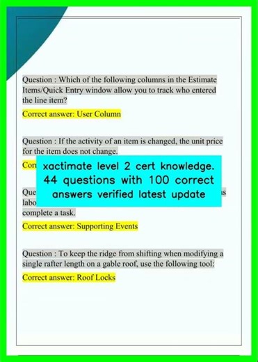 xactimate level 2 cert knowledge 44 questions with 100 correct answers verified latest update video