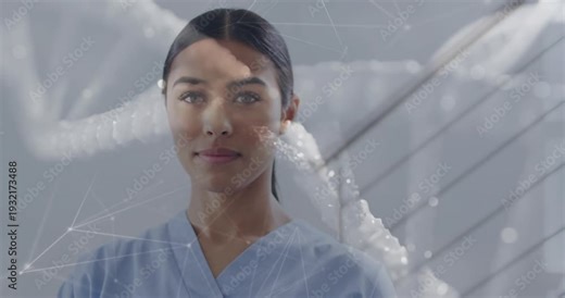 Clinician facing camera, medical CGI DNA helix appearing, sweeping across face, visualizing genes