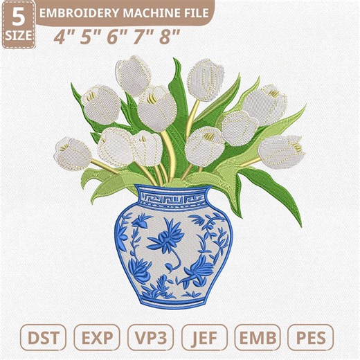 Chinoiserie Tulips Machine Embroidery File, Delft Blue Grandmillennial (instant Download) - Etsy