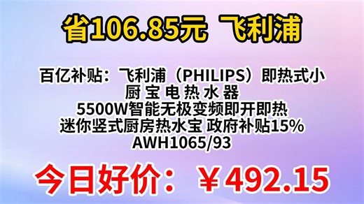 百亿补贴：飞利浦（PHILIPS）即热式小厨宝电热水器 5500W智能无极变频即开即热 迷你竖式厨房热水宝 政府补贴15% AWH1065 93