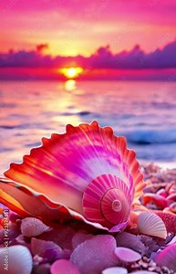 Pink big seashell on the seashore during sunset, seashells on the beach while waves hitting the shorelines Generative AI