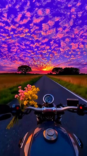 Cars 🚗 & a motorbike 🏍️ in beautiful settings. Flowers 🌺, leaves 🍁 & sunset 🌅. #cars #motorbike #flowers #sunset #driving #travel #roads #highways #leaves #autumnleaves #fantasy #route66 #blues #guitar #harmonica | Suzannah Bee