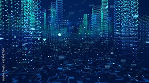 Digital city. Modern urban technologies. Futuristic AI city background.
