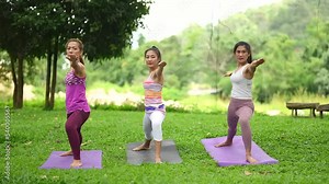 Female yoga trainer helps female, group training participant, do right perform correctly pose, class in park by experienced young woman instructor wellness concept., peace relaxation, woman happiness