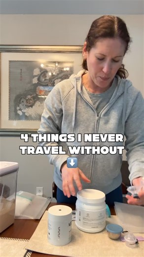I’m away for two days. That does not mean I abandon structure. It means I simplify it. The 4 things I never travel without and exactly how I use them: ✨ Creatine I pre-portion it so I can dump it straight into my water bottle in the morning. Strength does not pause just because I am not in my usual gym routine. Muscle matters, especially over 40. ✨ Protein powder Hotel breakfast is usually carbs and coffee. I stir a scoop into oatmeal, mix it into yogurt, or shake it with water if that is all I 