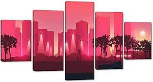 Modern City Canvas Wall Art - 5 Pieces City at Night Canvas Print Red Cityscape Picture Painting City Night Scene View Poster Framed Artwork Decor for Home Living Room Bedroom Office, 60x32inch