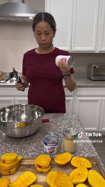 I’m craving anything mango rn🥭 Back in the Philippines, pregnant women would normally crave mangoes especially the green mangoes. It’s sour and crunchy and normally eaten with shrimp paste or bagoong. My mouth is watering rn.🤤 I wish I can can eat those right now. Anyway, this dessert was inspired by @lutonikuyalevi 🥭🥭🥭 Mango with Tapioca pearls 1 can evaporated milk 1 small can or media crema or nestle cream 6 sweet mangoes 200g tapioca pearls (I used half of the 400g bag) Half a can of co