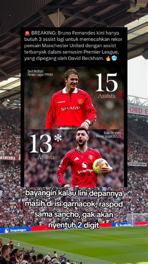 🚨 BREAKING: Bruno Fernandes kini hanya butuh 3 assist lagi untuk memecahkan rekor pemain Manchester United dengan assist terbanyak dalam semusim Premier League, yang dipegang oleh David Beckham. 🔥🥶