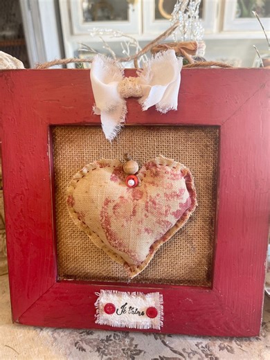 Vintage Style Primitive Hand Painted Red Wood Framed Antique Love Song Hanging Toile Fabric Heart Pearl Brooch Table Wall Art Valentines Day - Etsy