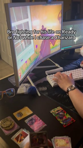 He’s fighting for his life while I’m fighting for the charizard 🤣 #pokemon #packopening #readyornot