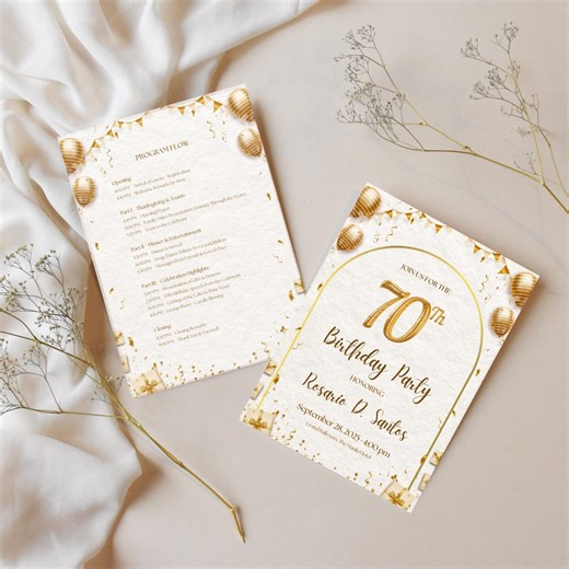 70th Birthday Invitation & Program Template | Gold Beige White Editable Canva Digital Download - Etsy