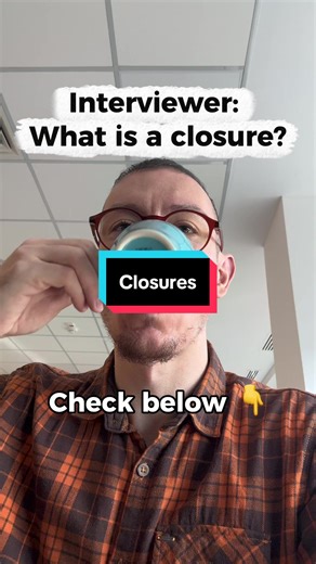 Closures = functions that remember variables from where they were defined, even after that scope has finished executing Follow @codewithdimi for more similar content Key concepts: \t1.\tLexical scope – functions can access variables from the scope where they are defined \t2.\tPersistent memory – the inner function keeps references to outer variables even after execution \t3.\tEncapsulation – closures allow private variables and controlled access to data Practical use cases: \t1.\tData privacy / 