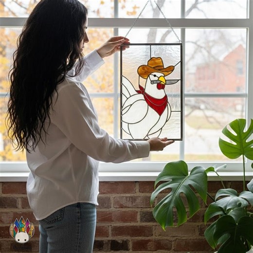 PUN841 Cowboy Rooster Stained Glass Pattern, Farm Chicken Window Panel PDF - Etsy