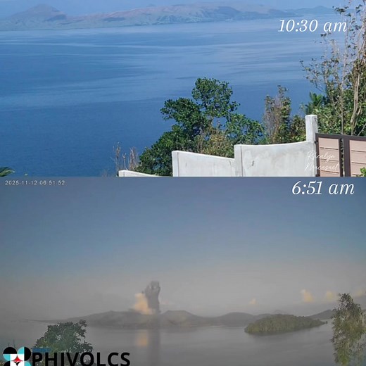 Taal Volcano Update as of November 12, 2025🌋 PHIVOLCS reports a minor phreatomagmatic eruption at the Main Crater of Taal Volcano that occurred from 6:51 AM to 6:54 AM today, Nov. 12, 2025. “This event generated grayish plumes that rose up to 2,800 meters above the crater before drifting northeast,” PHIVOLCS said. Alert Level 1 prevails over Taal Volcano. COURTESY: PHIVOLCS #taalvolcanoupdatetoday #taalvolcanoeruption #viraltoday #TaalVolcano #highlightseveryonefollowers2025 #NewsUpdate #PHIVOC