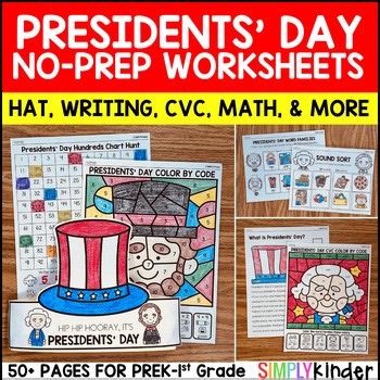 Presidents’ Day No Prep Worksheets, February Activities Kindergarten & 1st Grade