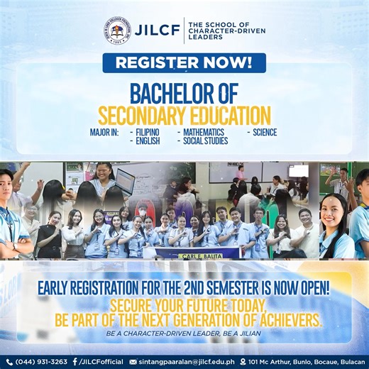 Registration for the Second Semester of A.Y. 2025–2026 is now open for the Bachelor of Secondary Education Embracing another season of learning and growth, the JILCF College Department invites all continuing students, transferees, and returnees to register for the Second Semester of A.Y. 2025–2026 for Bachelor of Secondary Education. Igniting passion and shaping future leaders, this semester is your chance to become a character-driven changemaker in your chosen field. Secure your spot today thro