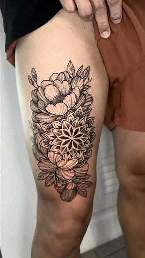 Floral Mandala Thigh Tattoo | Black & Grey Whip Shading
