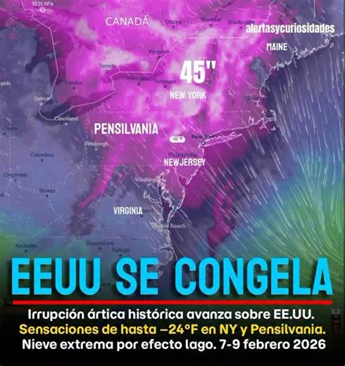 Marcelo Castillo on Instagram: "#BreakingNews❄️Alerta por irrupción de frio ártico extremo en EEUU. Una masa de aire ártico profundo se expande desde Canadá hacia el norte y noreste de Estados Unidos, impulsada por un Jet Stream altamente ondulado y un bloqueo de alta presión que permite el derrame directo de aire polar. Este no es un enfriamiento común: se trata de frío de origen ártico real, con sensación térmica peligrosa. 🗓️ CRONOLOGÍA DEL EVENTO 📌 Noche del 6 de febrero Michigan: hasta −9
