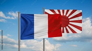 Japan battle flag and France flag waving together on blue sky, looped video, two country cooperation concept