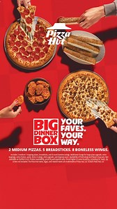 🍕 Big Dinner Box = Big Flavor! Get 2 medium 1-topping pizzas, 5 breadsticks & 8 boneless wings. Order now! | Pizza Hut