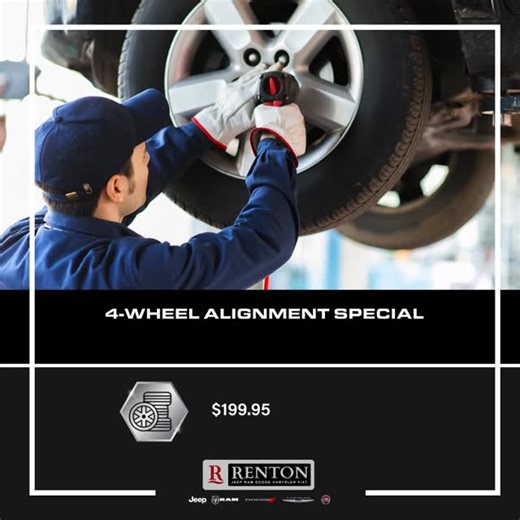 Renton Jeep Ram Dodge Chrysler on Instagram: "Renton CDJR 4-Wheel Alignment Special $199.95 Contact us at (425) 400-6425, or visit http://fofwd.com/wc8qy for details and current status of offer. Offer valid as of February 12, 2026 Your vehicle handles better, gets better gas mileage, and your tires last longer when your wheels are properly aligned. Service Includes: • Precision 4-wheel alignment • Adjust caster, camber, toe (where applicable) to factory specifications • Inspect steering linkage