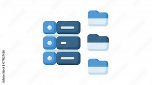 Animated database with folder of multiple servers, networking, data center concept. Suitable for technology websites, IT blogs, and server management