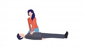 A female cartoon character performing cardiopulmonary resuscitation (CPR) on a man lying down. CPR process during first aid training. Luma Matte included. Looped.