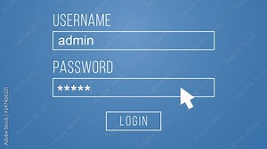 Animation process of entering computer username and password with access denied screen. Flat design. Blue background