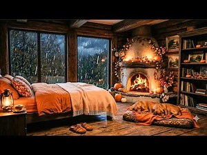 Autumn Forest Rain with Relaxing Piano | Cozy Wooden Cabin & Crackling Fire.