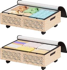 Under Bed Storage Containers-2 Pack Wooden Underbed Organizer with Wheels with Large Capacity Dust Bag, Stackable Under Bed Drawer Storage