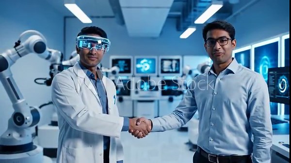 Two men shaking hands in futuristic lab with robotic arms and digital displays