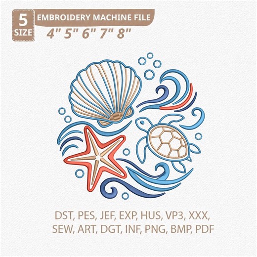 Sea Turtle Starfish Shell Embroidery Design, Ocean Beach Embroidery Pattern, Nautical Summer Machine Embroidery File