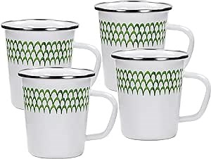 Golden Rabbit Enamelware Latte Coffee or Tea Mugs, 16 ounce, Green Scallop, Set of 4
