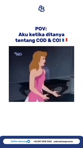 KURSUS, LES BAHASA PRANCIS on Instagram: "COD? COI? Aku: bye 🏃‍♀️💨 Grammar Prancis memang suka bikin kaget, tapi kamu nggak harus hadapi sendirian. Kalau dipelajari bareng, COD & COI nggak seseram itu kok. Belajar Prancis bisa pelan, ramah, dan masuk akal 🤍 Yuk belajar Prancis tanpa drama grammar di @lab.bahasaprancis! 📩 DM kalau mau join kelasnya 🇫🇷✨ #belajarbahasaprancis #kelasprancis #kursusbahasaprancis #kelasonlineprancis #labbahasaprancis"