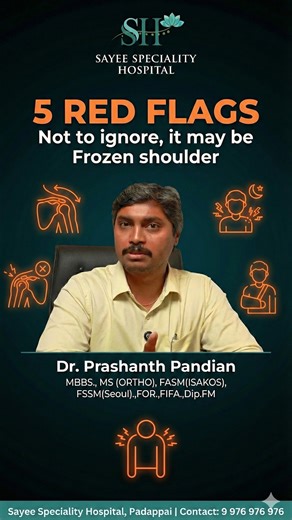 Frozen Shoulder Symptoms Explained ❄️🦴 Shoulder pain, stiffness, night pain, difficulty lifting and limited movement are early frozen shoulder signs. Early detection leads to faster recovery. #FrozenShoulder #ShoulderPain #JointHealth #OrthoAwareness #SayeeHospital | Sayee Speciality Hospitals