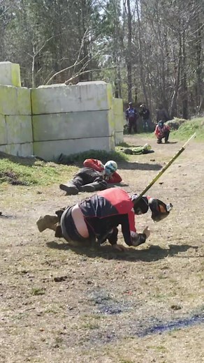 His mask came off as he ran for the objective. Wearing your chin strap can prevent this from happening. The objective, A slap stick. (a stick with pvc ends you push for your teams side) He was fine and walked away with no injuries thanks to the quick response of the reffs and cease fire. We call cease fire because you don't want someone to shoot paintballs with out a mask on. wouldn't want to lose an eye. #paintball #safety #safetyfirst #ouch